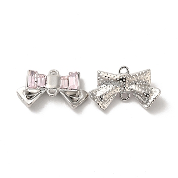 Alloy Connector Charms, Bowknot Links with Glass, Lead Free & Cadmium Free, Platinum, Misty Rose, 15x24x6mm, Hole: 2mm