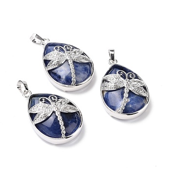 Natural Sodalite Pendants, with Platinum Tone Brass Findings, Lead Free & Cadmium Free, Teardrop with Dragonfly Charms, 40~40.5x26~26.5x9~9.5mm, Hole: 5x7mm
