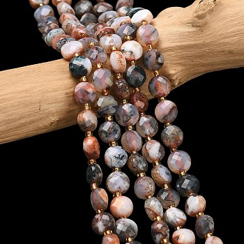 Natural Red Tree Agate Beads Strands, with Seed Beads, Faceted Coin Beads, Flat Round, 6~6.5x4mm, Hole: 1.2mm, about 49~52pcs/strand, 15.35~15.75''(39~40cm)