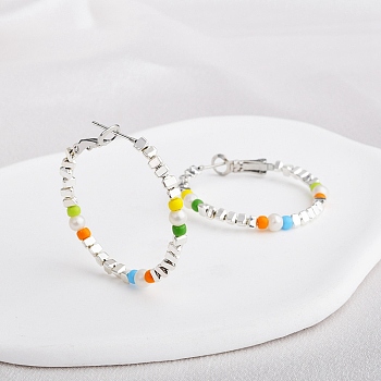 Brass Hoop Earrings, with 925 Sterling Silver Pins, Platinum, Colorful, 36x4mm