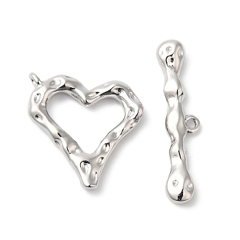 Brass Toggle Clasps, Textured Heart, Real Platinum Plated, Heart: 20x19.5x3mm, Hole: 1.4mm, Bar: 29x7x3.5mm, Hole: 1.4mm