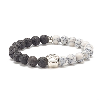 Synthetic Howlite & Natural Lava Rock Round Beaded Stretch Bracelet with Alloy Paw Print, Gemstone Jewelry for Women, Antique Silver, Inner Diameter: 2 inch(5.1cm)