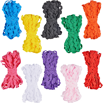 50M 10 Colors Wave Bending Fringe Trim, Sewing Ribbon, for Cloth Dress DIY Making Decorate, Mixed Color,  3/16 inch~3/8 inch(5~8.5mm), 5m/color