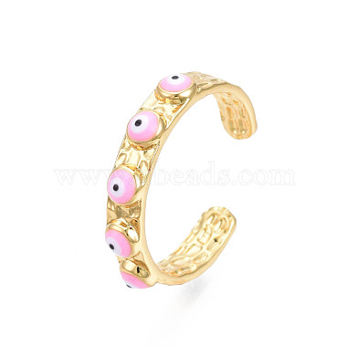 Real 18K Gold Plated Brass Open Cuff Ring with Enamel Evil Eye for Women(RJEW-Q166-02F)-2