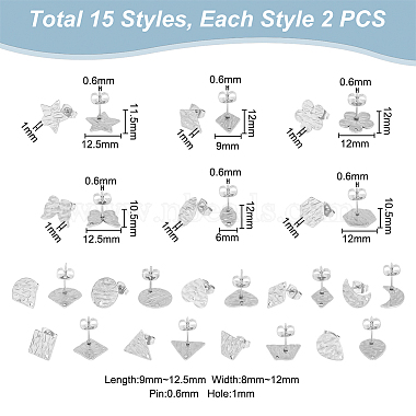 30Pcs 15 Style 304 Stainless Steel Textured Stud Earrings Findings with Hole(STAS-UN0002-32)-3