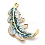 304 Stainless Steel Enamel Pendants, Feather Charm, PVD Vacuum Plating, Real 18K Gold Plated, Dark Cyan, 37.5x25x3mm, Hole: 2mm(STAS-S163-33G-01)