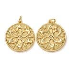 Brass Pendants, Flat Round with Flower Charms, Rack Plating, Long-Lasting Plated, Cadmium Free & Lead Free, Real 18K Gold Plated, 23x21x3mm, Hole: 3mm(KK-CBA90BB-06G)