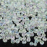 Glass Seed Beads, Trans. Colors Rainbow, Round, Clear, Size: about 4mm in diameter, hole:1.5mm, about 1000pcs/100g(X1-SEED-A007-4mm-161)
