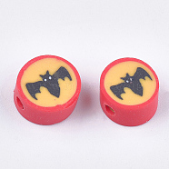 Halloween Theme Handmade Polymer Clay Beads, Flat Round with Bat, Red, 9~10x5mm, Hole: 1.5mm(X-CLAY-S091-71)