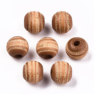 Painted Natural Wood Beads, Laser Engraved Pattern, Round with Zebra-Stripe, Saddle Brown, 10x8.5mm, Hole: 2.5mm(WOOD-T021-54A-09)