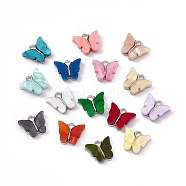 Acrylic Charms, with Platinum Tone Alloy Finding, Butterfly Charm, Mixed Color, 13x14x3mm, Hole: 2mm(MACR-C012-01P)
