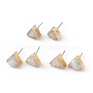 Natural Quartz Crystal Ear Studs, Triangle, with Brass Pins, Golden, Misty Rose, 10x11x6mm, Pin: 0.7mm(EJEW-G153-G02)