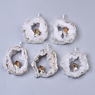 Natural Druzy Agate Big Pendants, Edge Platinum Plated, with Natural Citrine and Iron Snap on Bails, Nuggets, 37~71x29~55x9~15mm, Hole: 4x6mm(G-R458-05C)