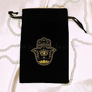 Rectangle Velvet Jewelry Packing Pouches, Drawstring Bags with Hamsa Hand Print, Black, 23x17cm(WICR-PW0013-01)