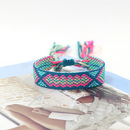 Polyester Braided Rhombus Pattern Cord Bracelet, Ethnic Tribal Adjustable Brazilian Bracelet for Women, Cadet Blue, 5-7/8 inch(15cm)(FIND-PW0013-004A-19)