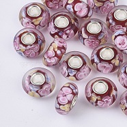 Handmade Lampwork European Beads, Inner Flower, Large Hole Beads, with Silver Color Plated Brass Single Cores, Rondelle, Colorful, 14x7.5mm, Hole: 4mm(LAMP-S193-004E)