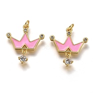 Brass Micro Pave Clear Cubic Zirconia Pendants, Long-Lasting Plated, with Jump Rings & Pink Enamel, Crown, Real 18K Gold Plated, 20.5x18x2.9mm, Hole: 2.3mm(ZIRC-B0003-31G)