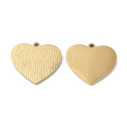 Ion Plating(IP) 316L Surgical Stainless Steel Charms, Heart Charm, Textured, Real 18K Gold Plated, 13x15x1mm, Hole: 1mm(STAS-H213-84G)