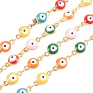 304 Stainless Steel Flat Round with Evil Eye Link Chains, with Enamel, Real 18K Gold Plated, Soldered, Colorful, 11x6x4mm, about 3.28 Feet(1m)/Strand(STAS-N092-123)
