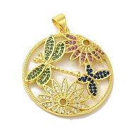 Brass Micro Pave Colorful Cubic Zirconia Pendants, Flat Round with Butterfly & Dragonfly Charms, Real 18K Gold Plated, 30.5x28x3mm, Hole: 5x3.5mm(KK-Z042-10G)