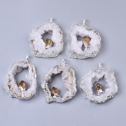 Natural Druzy Agate Big Pendants, Edge Platinum Plated, with Natural Citrine and Iron Snap on Bails, Nuggets, 37~71x29~55x9~15mm, Hole: 4x6mm(G-R458-05C)