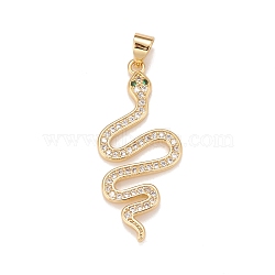Brass Micro Pave Cubic Zirconia Pendants, Real 18K Gold Plated, Lead Free & Cadmium Free, Snake, Clear, 34x15x3mm, Hole: 4x3mm(KK-A161-10G)