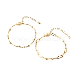 304 Stainless Steel Paperclip & Satellite Chains Bracelet Set, Golden, 7-1/2 inch(19cm), 2pcs/set(BJEW-JB06523)