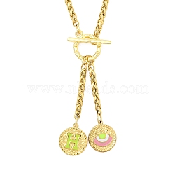 Ion Plating(IP) 304 Stainless Steel Green Yellow Enamel Letter & Eye Pendant Wheat Chain Necklaces, with Toggle Clasps, Golden, Letter H, 20.47~20.87 inch(52~53cm)(STAS-Z102-01G-H)