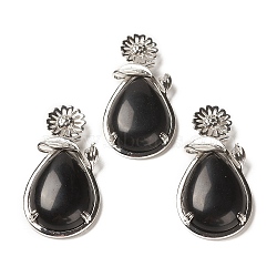 Natural Obsidian Pendants, with Brass Findings, Flower with Teardrop, 56x28x8mm, Hole: 5x2.5mm(G-A031-02P-03)