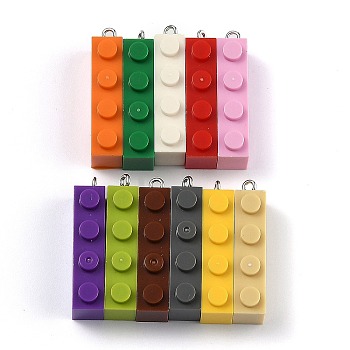 Opaque Acrylic Pendants, with Platinum Iron Loop, Long Rectangle Building Block Charms, Mixed Color, 35.5x7.5x11.5mm, Hole: 2mm