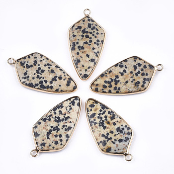 Natural Dalmatian Jasper Pendants, with Brass Findings, Kite, Golden, 40~42x21x3.5~4.5mm, Hole: 2mm