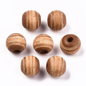 Painted Natural Wood Beads, Laser Engraved Pattern, Round with Zebra-Stripe, Saddle Brown, 10x8.5mm, Hole: 2.5mm