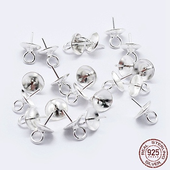 925 Sterling Silver Cup Pearl Bail Pin Pendants, For Half Drilled Beads, Silver, 7x4mm, Hole: 1.5mm, Pin: 0.6mm