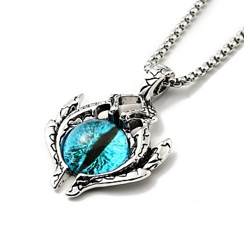 Alloy Bat with Plastic Dragon Eye Pendant Necklace, Gothic Jewelry for Men Women, Blue, 23.23 inch(59cm)