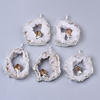 Natural Druzy Agate Big Pendants, Edge Platinum Plated, with Natural Citrine and Iron Snap on Bails, Nuggets, 37~71x29~55x9~15mm, Hole: 4x6mm