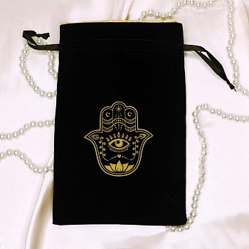 Rectangle Velvet Jewelry Packing Pouches, Drawstring Bags with Hamsa Hand Print, Black, 23x17cm
