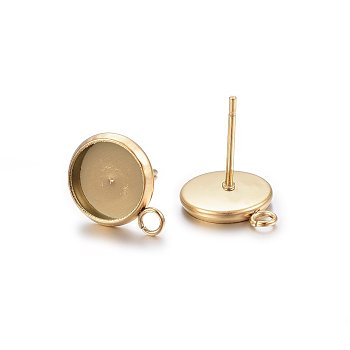 Ion Plating(IP) 304 Stainless Steel Stud Earring Settings, with Loop, Flat Round, Golden, Tray: 14mm, 19x16x2mm, Hole: 1.8mm, Pin: 0.8mm