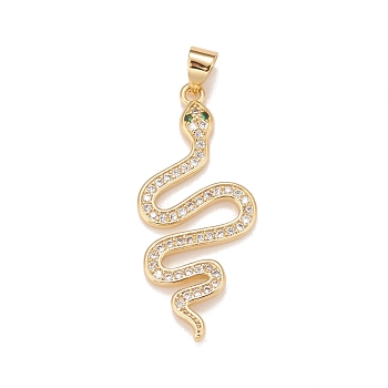 Brass Micro Pave Cubic Zirconia Pendants, Real 18K Gold Plated, Lead Free & Cadmium Free, Snake, Clear, 34x15x3mm, Hole: 4x3mm