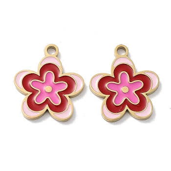 Ion Plating(IP) 304 Stainless Steel Enamel Pendants, Flower Charm, Golden, Hot Pink, 17x15x1.5mm, Hole: 1.8mm