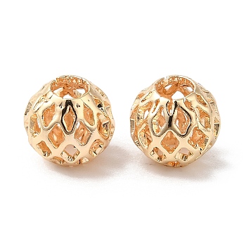 Hollow Brass Beads, Round, Real 18K Gold Plated, 7.5x7mm, Hole: 2.8mm