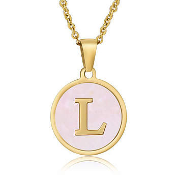 Natural Shell Initial Letter Pendant Necklace, with Golden Stainless Steel Cable Chains, Letter L, 17.72 inch(45cm)