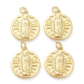 Brass Pendants, Long-Lasting Plated, Flat Round with Saint, Real 18K Gold Plated, 18x16x3mm, Hole: 3.5mm