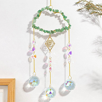 Natural Aventurine Copper Wire Wrapped Cloud Hanging Ornaments, Teardrop Glass Tassel Suncatchers for Home Outdoor Decoration, 420mm