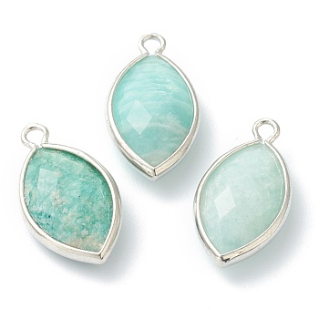 Natural Amazonite Pendants, with Platinum Brass Edge, Faceted, Horse Eye, 22x12x5.5mm, Hole: 1.8mm