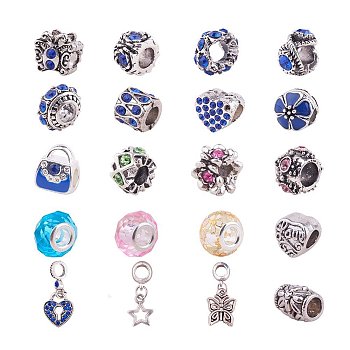 European Beads Sets, Large Hole Beads Sets, with Alloy European Beads(Rhinestone/Enamel) and Glass European Beads, Mixed Color, 10~27x5~14x8~11mm, Hole: 4~6mm, 20pcs/bag