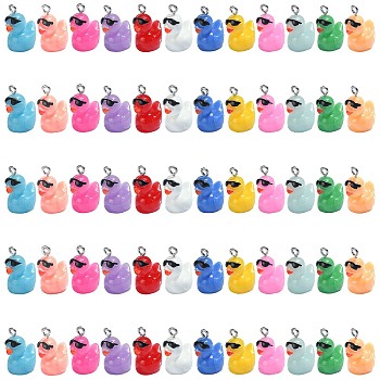 60Pcs 12 Colors Opaque Resin Pendants, Duck Charms with Glasses, with Stainless Steel Color Tone 304 Stainless Steel Loops, Mixed Color, 20.5x16x11.5mm, Hole: 2mm, 5pcs/color