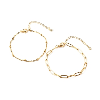 304 Stainless Steel Paperclip & Satellite Chains Bracelet Set, Golden, 7-1/2 inch(19cm), 2pcs/set