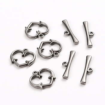 304 Stainless Steel Toggle Clasps, Heart, Stainless Steel Color, Heart: 15x15.5x2mm, Hole: 1.6mm, Bar: 21x6x2.5mm, Hole: 1.5mm