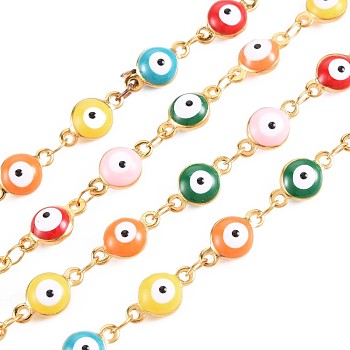 304 Stainless Steel Flat Round with Evil Eye Link Chains, with Enamel, Real 18K Gold Plated, Soldered, Colorful, 11x6x4mm, about 3.28 Feet(1m)/Strand