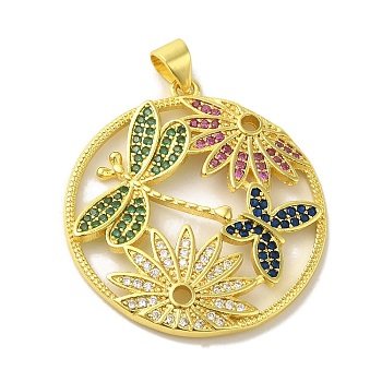 Brass Micro Pave Colorful Cubic Zirconia Pendants, Flat Round with Butterfly & Dragonfly Charms, Real 18K Gold Plated, 30.5x28x3mm, Hole: 5x3.5mm